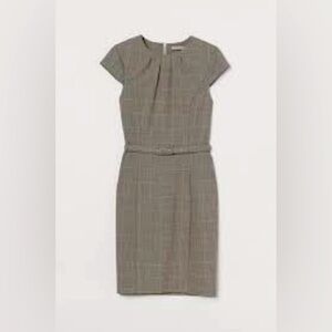 H&M Plaid Pleated Belted Sheath Dress Gray Professional Fashion Size XL NWT